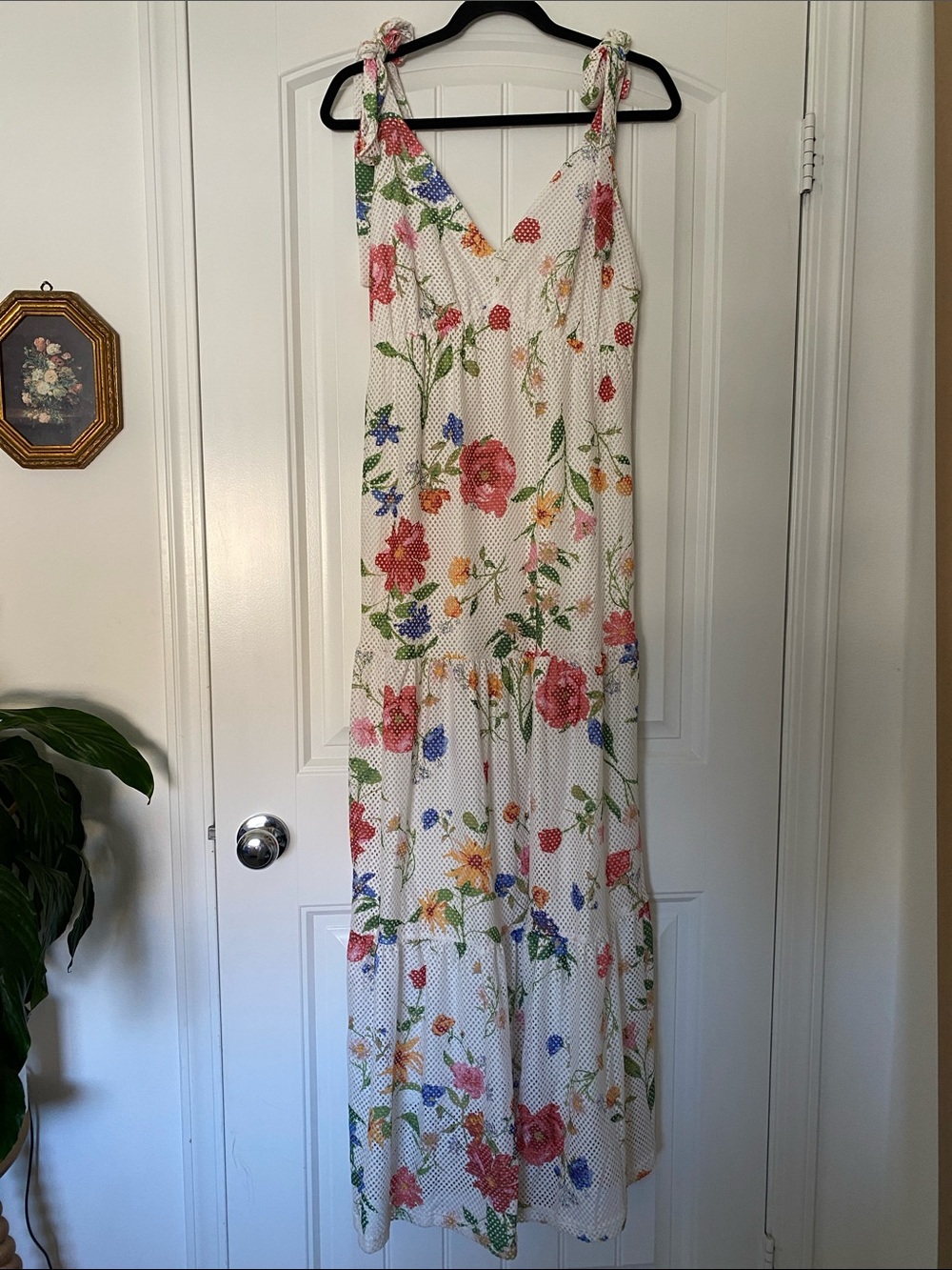 Illa Illa Floral Tie-Shoulder Maxi Dress in White with Multicolor Blooms